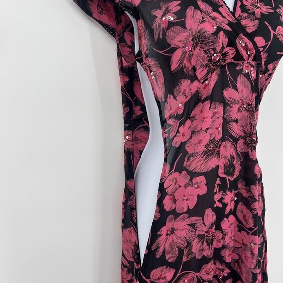 Y2K Sheer Midi Babydoll Dress Floral Sequin Asymmetric Hem Boho Festival Lace - Picture 5 of 10